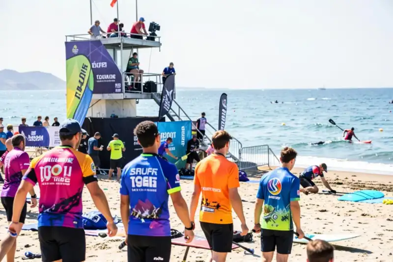Competidores de lycra colorida na areia em frente à torre de julgamento de um campeonato de surf