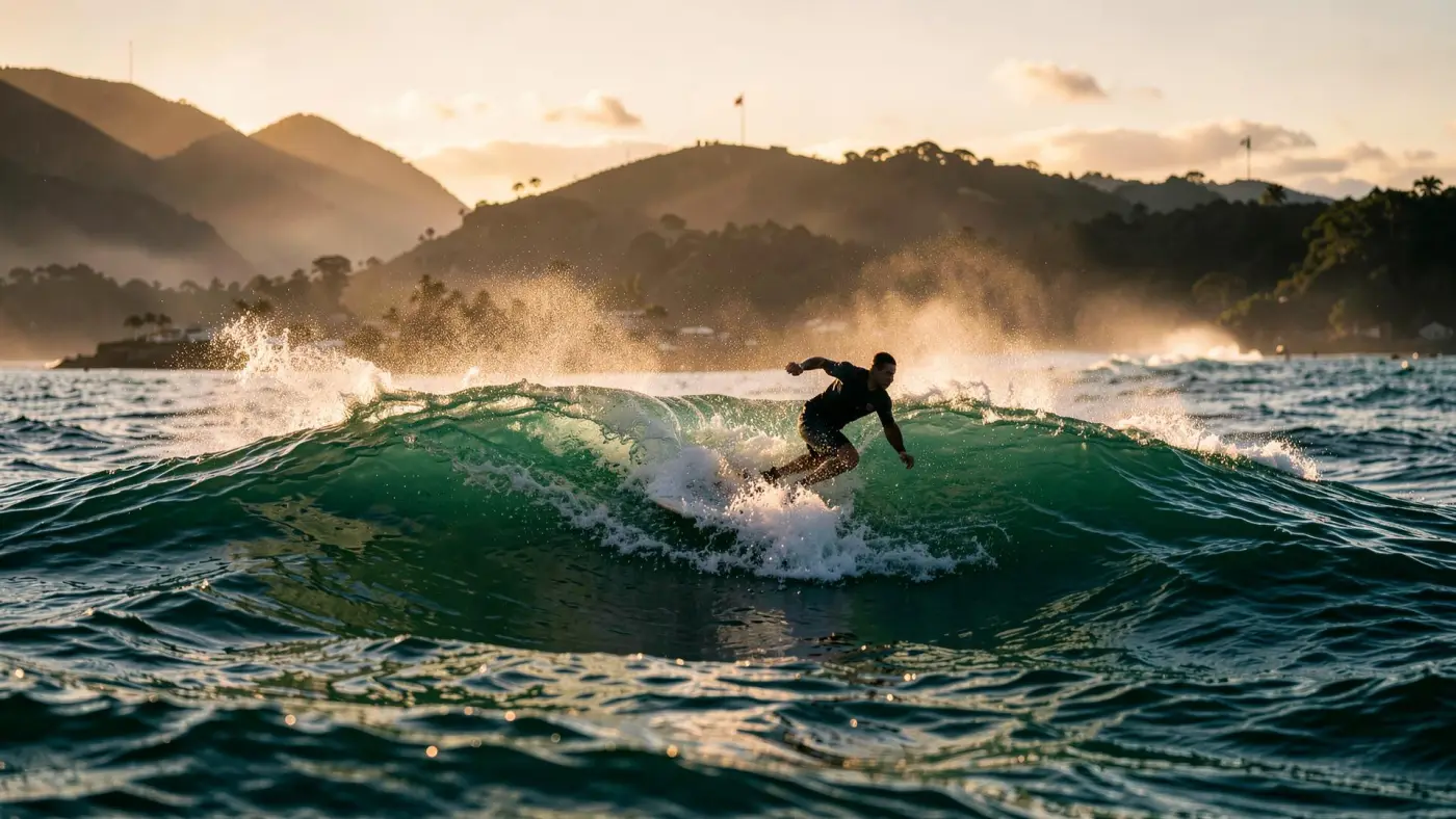 Surfista deslizando em uma onda limpa no litoral brasileiro ao amanhecer