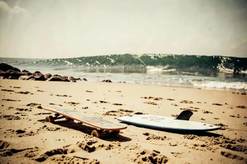 Longboard clássico e prancha moderna na areia com onda perfeita quebrando ao fundo