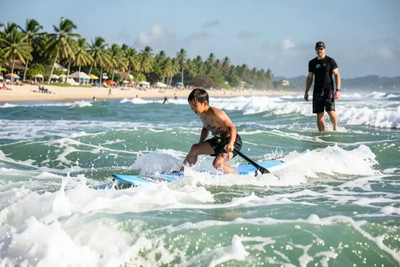 Surfista remando em mar pequeno e mexido perto da beira