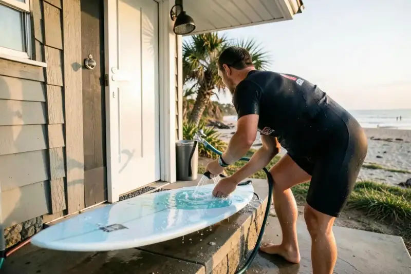 Surfista lavando a prancha com água doce no chuveiro externo depois da sessão
