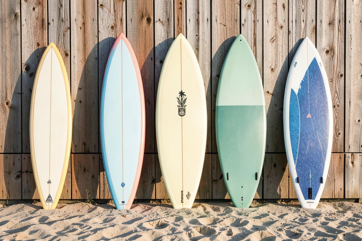 Pranchas de surf de formatos diferentes encostadas em uma parede de madeira na areia