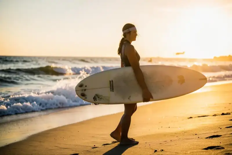 Surfista carregando sua prancha na beira do mar ao nascer do sol